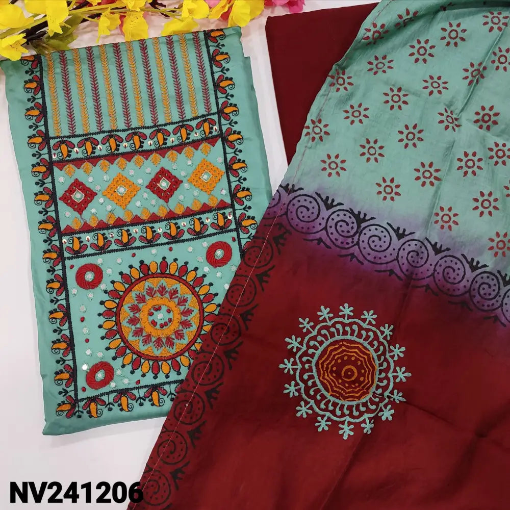 CODE NV241206: Pastel blue satin cotton unstitched salwar material heavy embroidered on yoke(lining optional)maroon