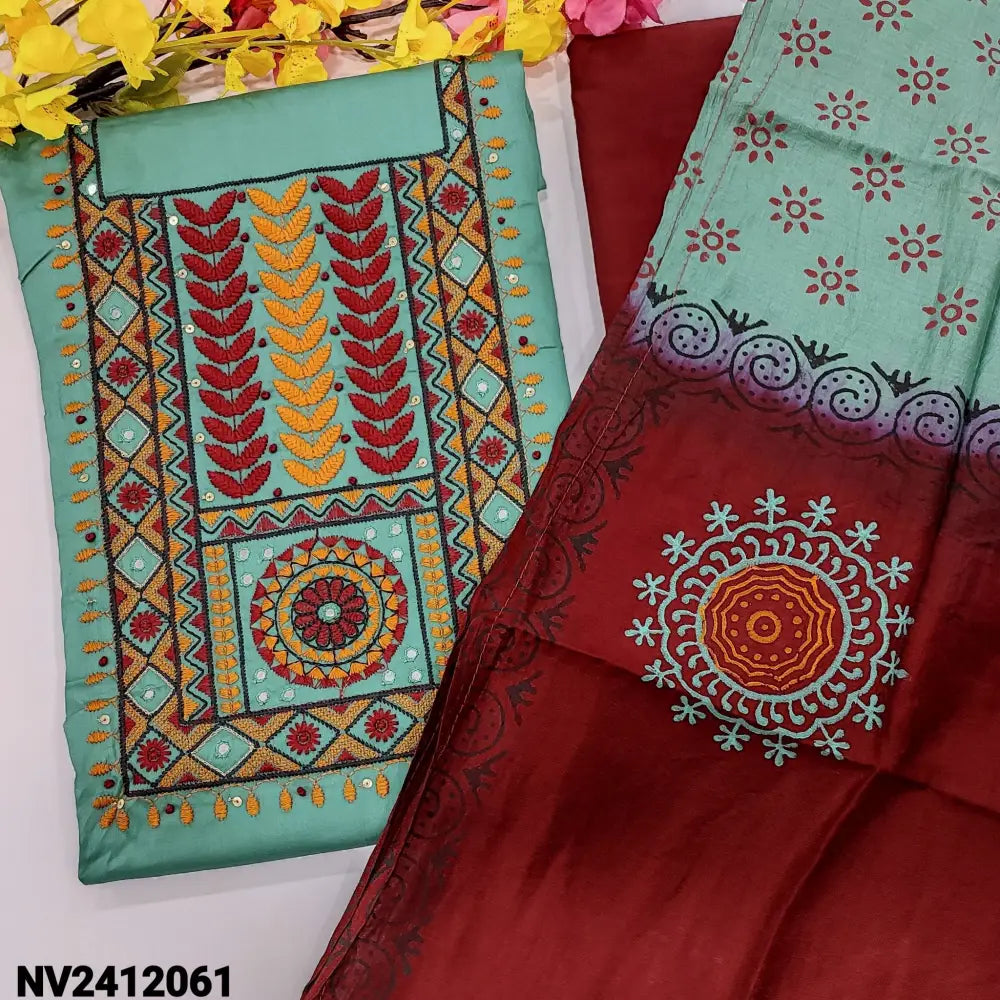 CODE NV2412061: Pastel blue satin cotton unstitched salwar material heavy embroidered on yoke(lining optional)maroon