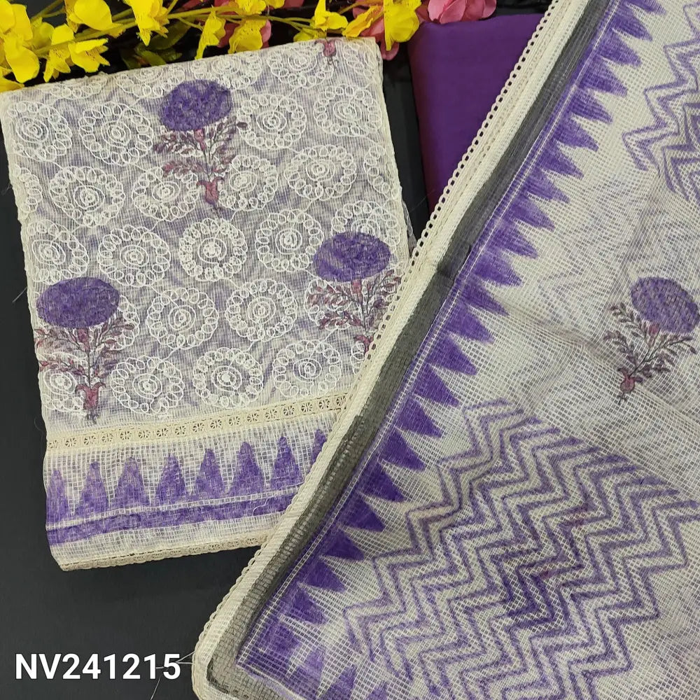 CODE NV241215: Half white base self embroidered &block printed fancy super net unstitched salwar material panel pattern