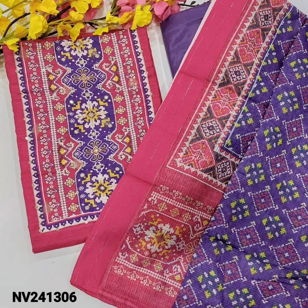 CODE NV241306: Bright pink fancy silk cotton unstitched salwar material digital printed yoke with zari& faux mirror