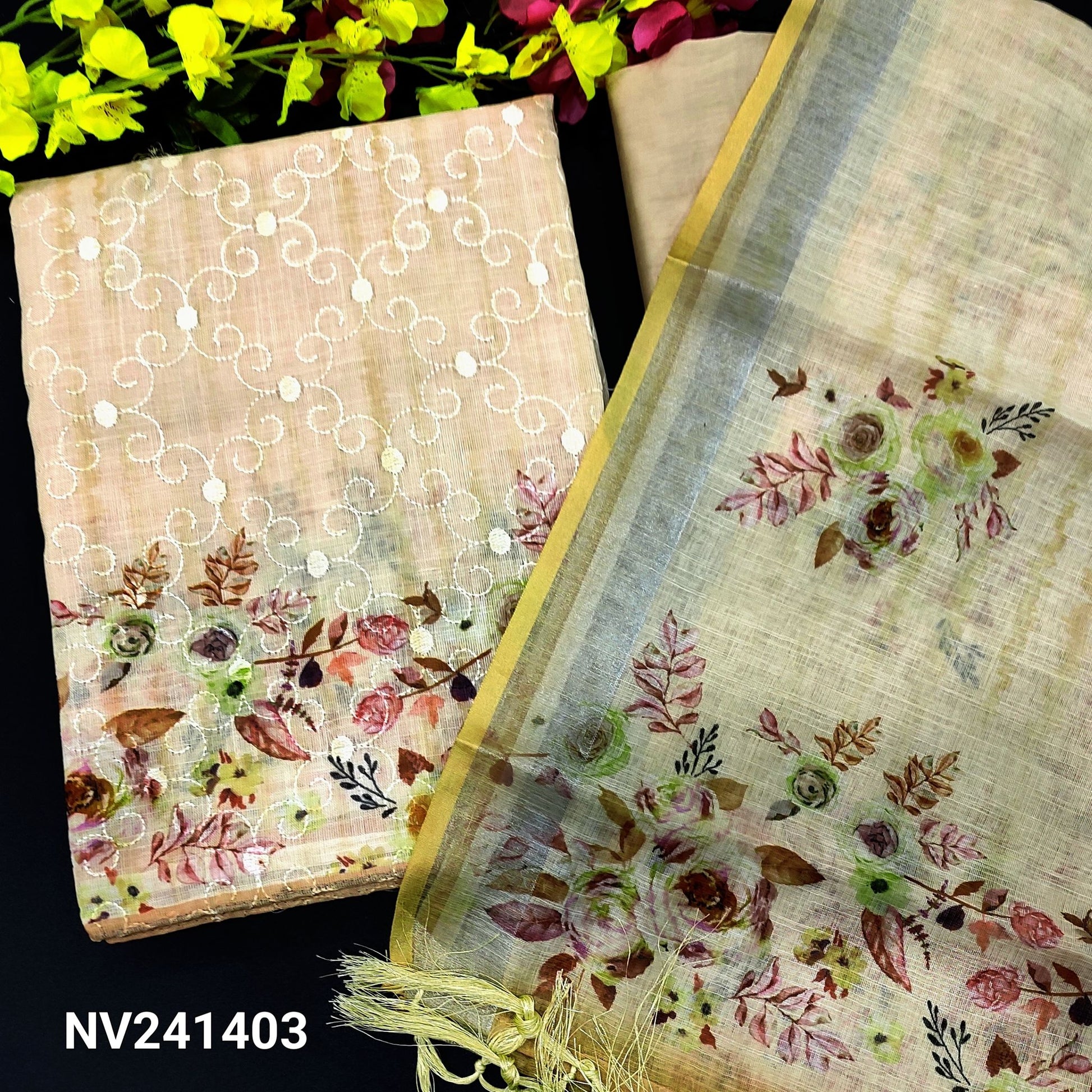 CODE NV241403: Beige semi linen unstitched salwar material self embroidered on front(thin fabric lining needed)matching