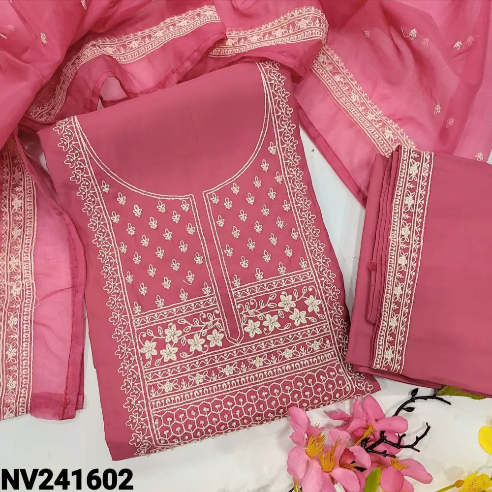 CODE NV241602: Bright pink soft silk cotton unstitched salwar material thread embroidered& bead work on yoke&