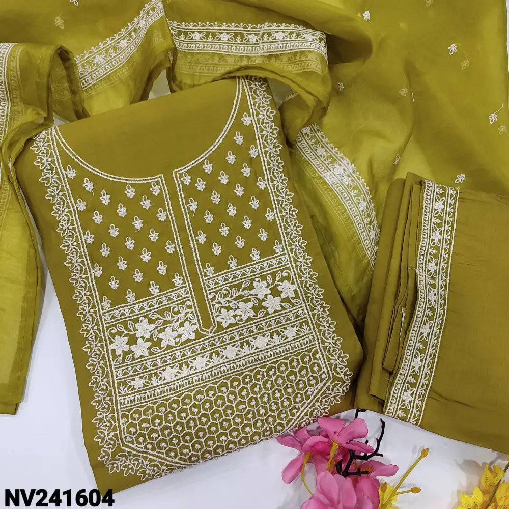 CODE NV241604: Mehandhi green soft silk cotton unstitched salwar material thread embroidered& bead work on yoke&
