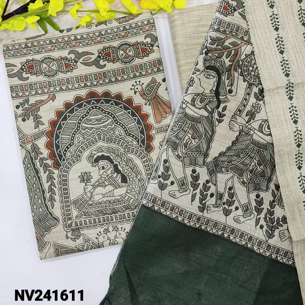 CODE NV241611: Beige bagalpuri jute silk cotton unstitched salwar material madhubani hand block printed all over,beige