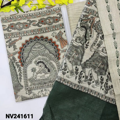 CODE NV241611: Beige bagalpuri jute silk cotton unstitched salwar material madhubani hand block printed all over,beige
