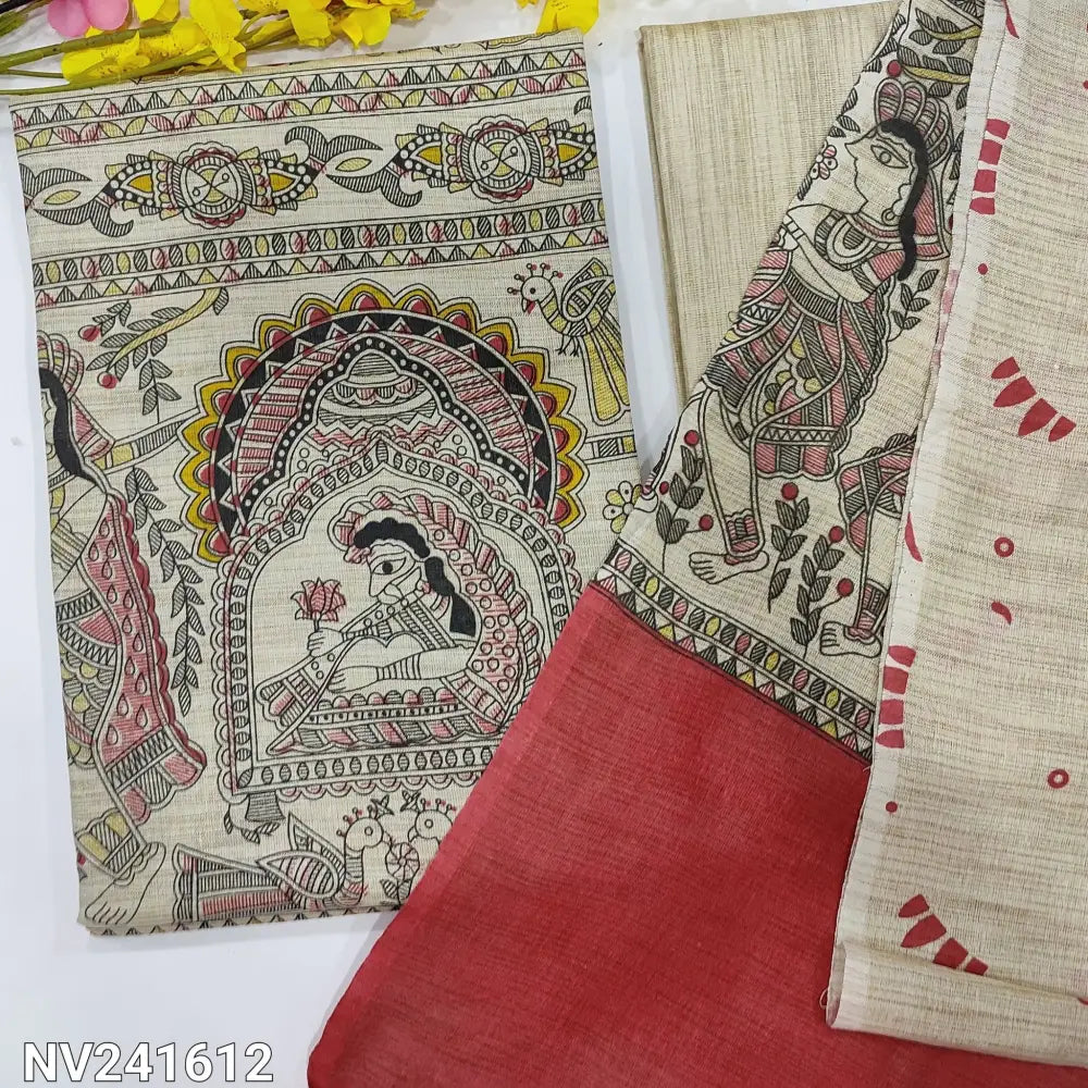 CODE NV241612: Beige bagalpuri jute silk cotton unstitched salwar material madhubani hand block printed all over,beige