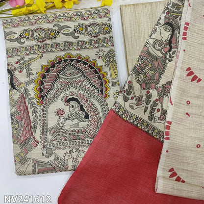 CODE NV241612: Beige bagalpuri jute silk cotton unstitched salwar material madhubani hand block printed all over,beige