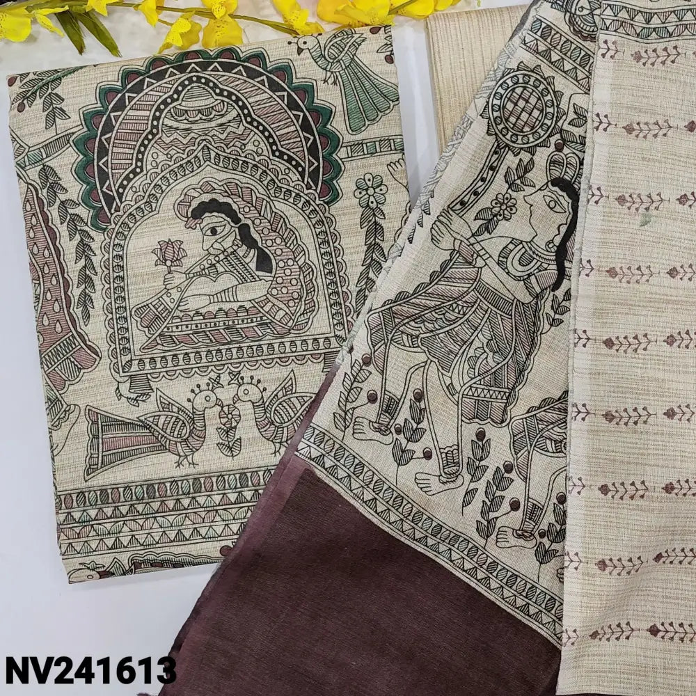 CODE NV241613: Beige bagalpuri jute silk cotton unstitched salwar material madhubani hand block printed all over,beige