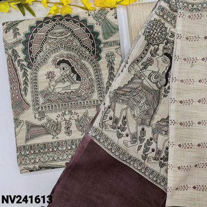 CODE NV241613: Beige bagalpuri jute silk cotton unstitched salwar material madhubani hand block printed all over,beige
