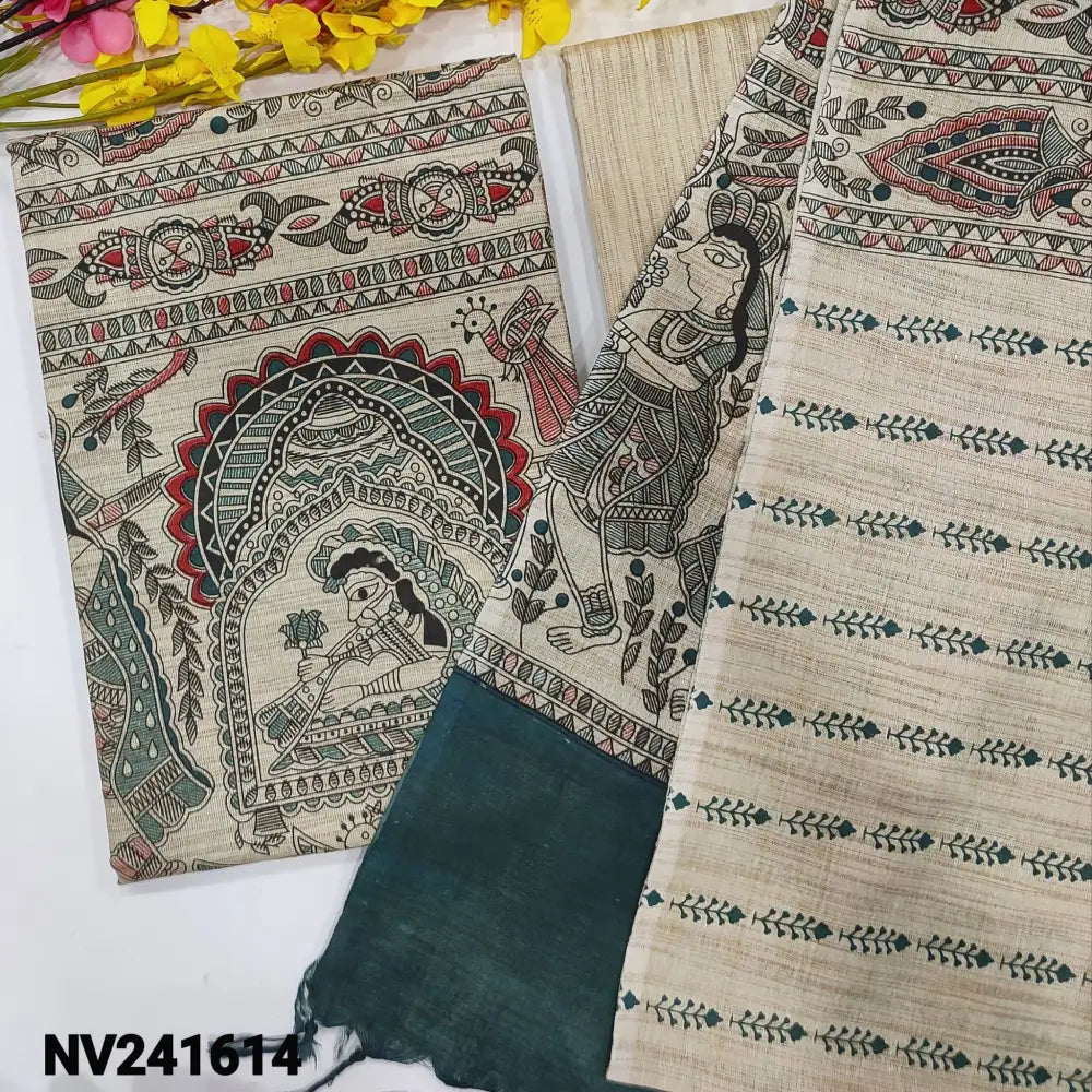 CODE NV241614: Beige bagalpuri jute silk cotton unstitched salwar material madhubani hand block printed all over,beige
