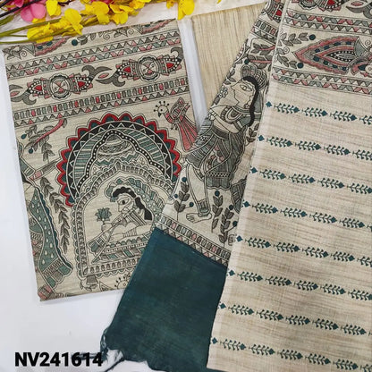 CODE NV241614: Beige bagalpuri jute silk cotton unstitched salwar material madhubani hand block printed all over,beige