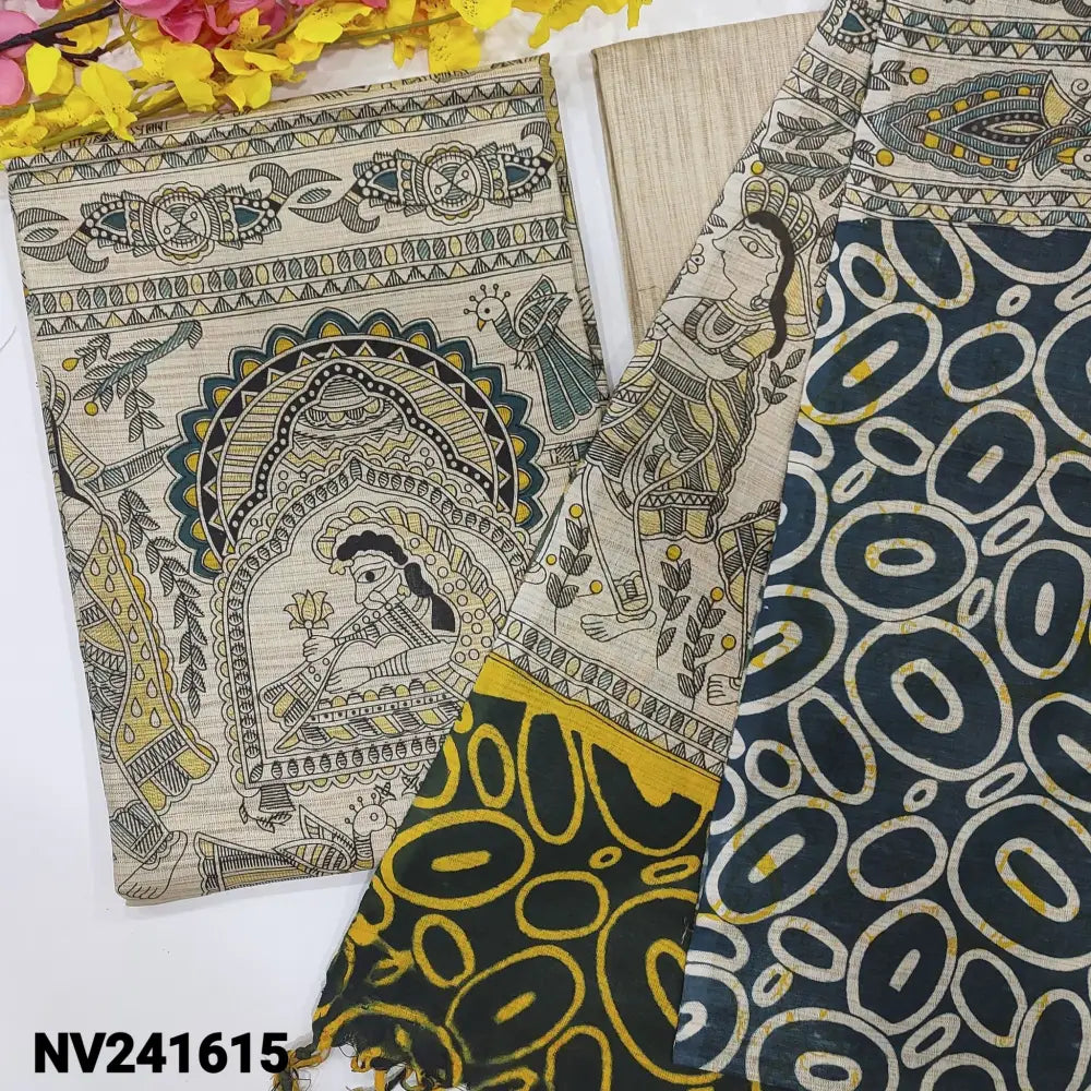 CODE NV241615: Beige bagalpuri jute silk cotton unstitched salwar material madhubani hand block printed all over,beige