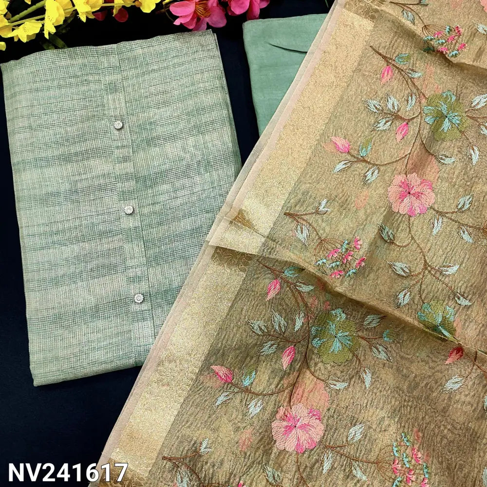 CODE NV241617: Pastel green with golden tint tissue silk cotton unstitched salwar material fancy buttons on yoke(thin