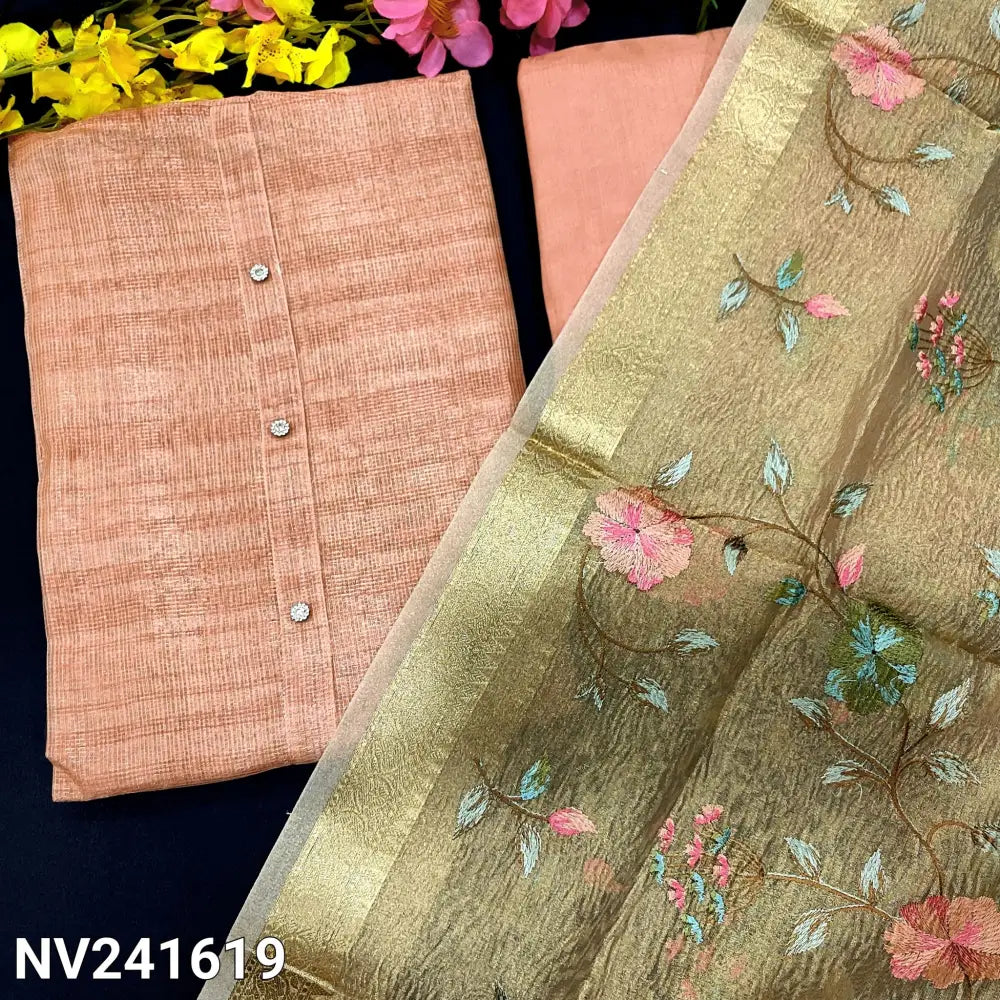 CODE NV241619: Pastel peach with golden tint tissue silk cotton unstitched salwar material fancy buttons on yoke(thin
