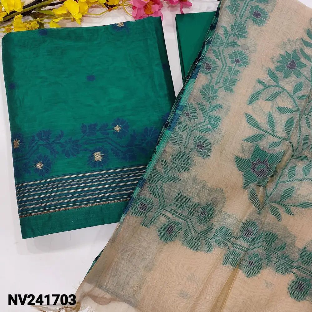 CODE NV241703: Dark turquoise green jamdani woven premium silk cotton unstitched salwar material bead& faux mirror work