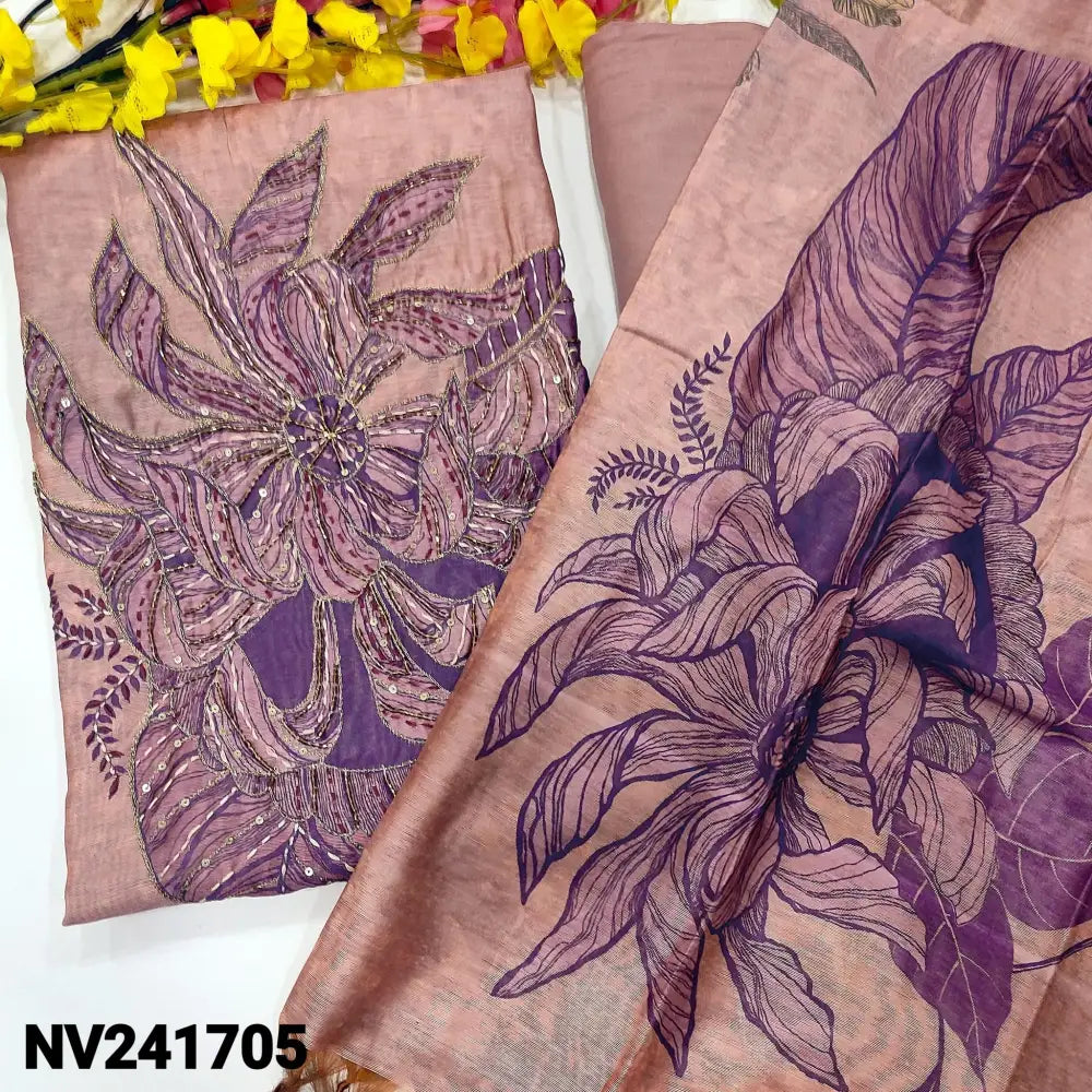 CODE NV241705: Pink designer printed jute silk unstitched salwar material bead& sequins work on front(thin fabric
