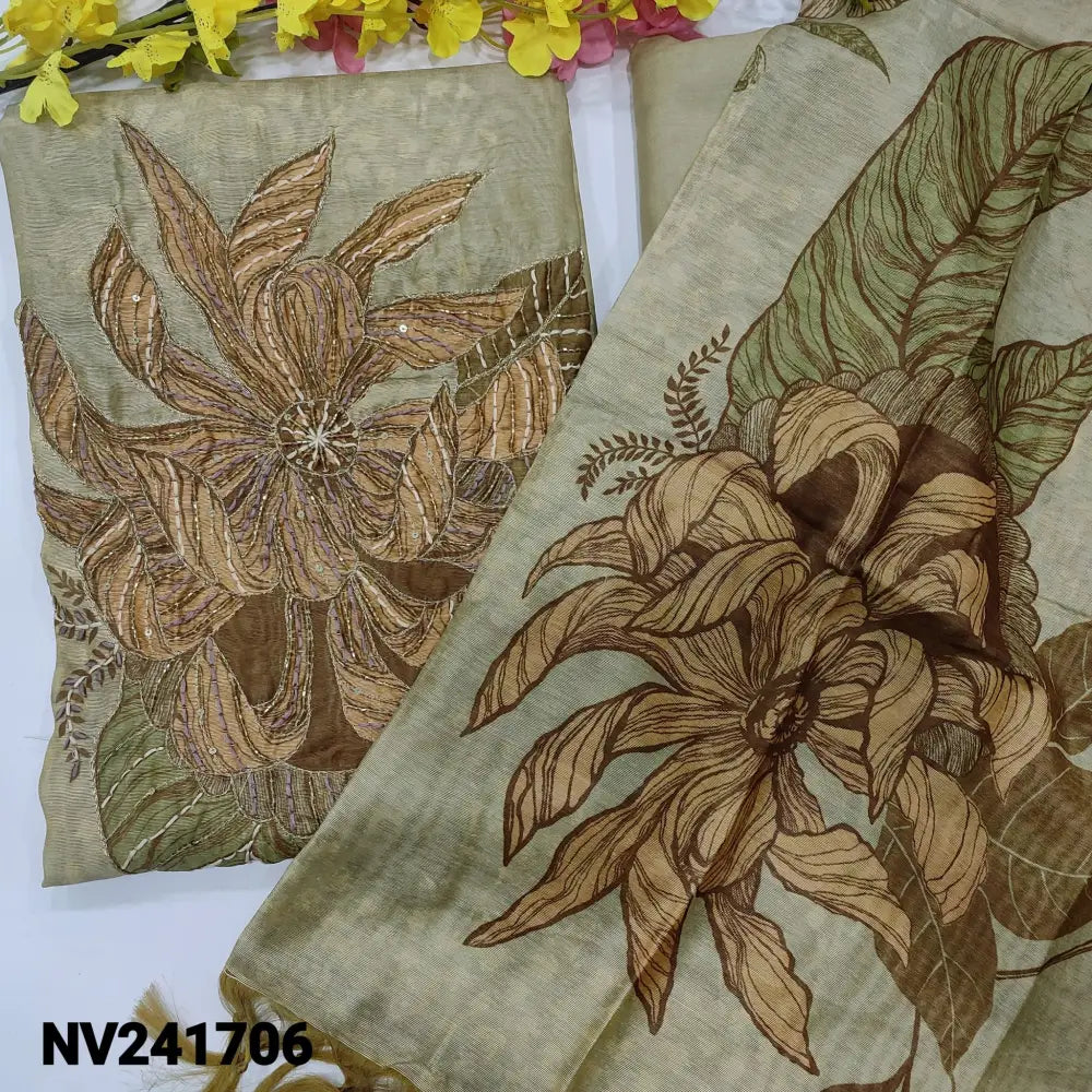 CODE NV241706: Greenish beige designer printed jute silk unstitched salwar material bead& sequins work on front(thin