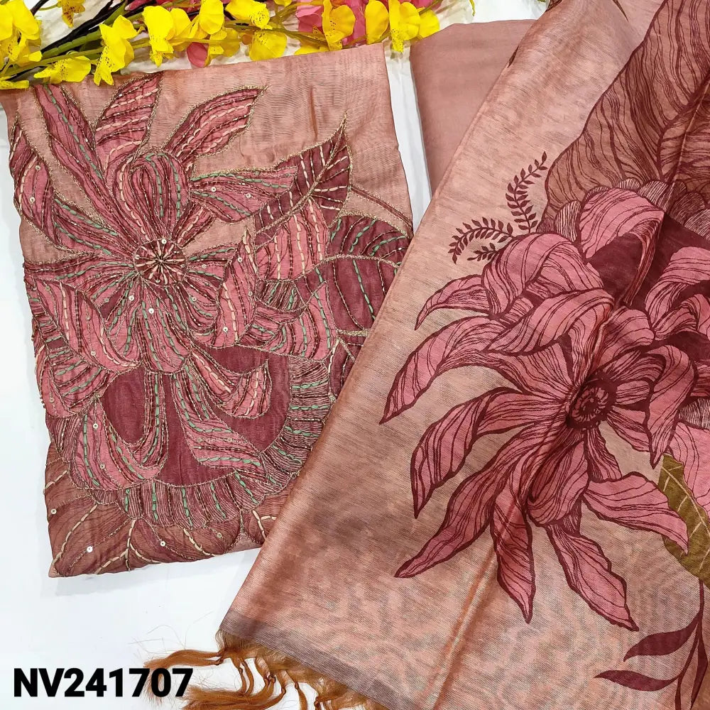 CODE NV241707: Pastel pink designer printed jute silk unstitched salwar material bead& sequins work on front(thin