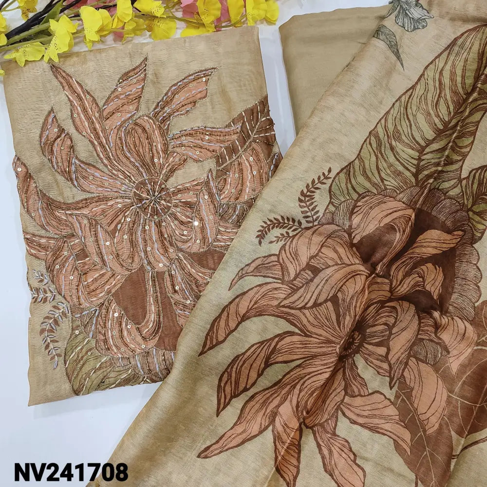 CODE NV241708: Rich beige designer printed jute silk unstitched salwar material bead& sequins work on front(thin fabric