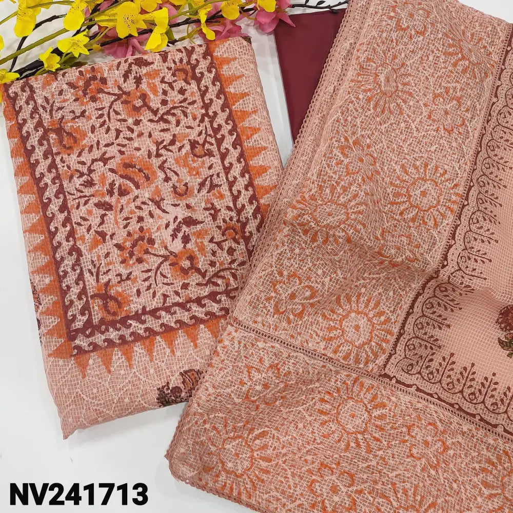 CODE NV241713: Peachish pink block printed fancy kota unstitched salwar material self embroidered on front(netted