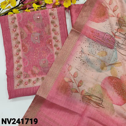 CODE NV241719: Pink digital printed silk cotton unstitched salwar material real mirror &zari work on yoke(thin fabric