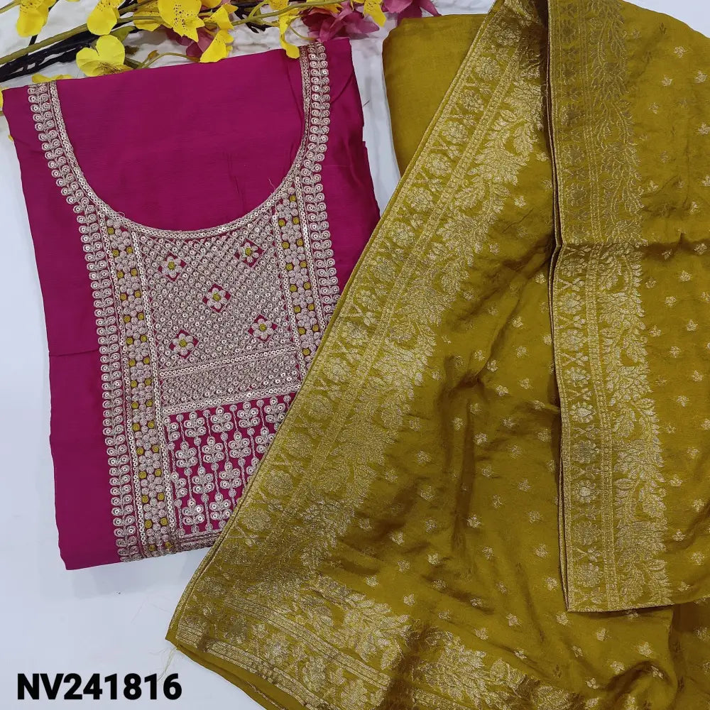 CODE NV241816: Bright pink fancy soft silk cotton unstitched salwar material heavy zari& sequins work on yoke(soft