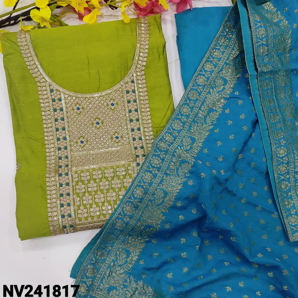 CODE NV241817: Tender leaf green fancy soft silk cotton unstitched salwar material heavy zari& sequins work