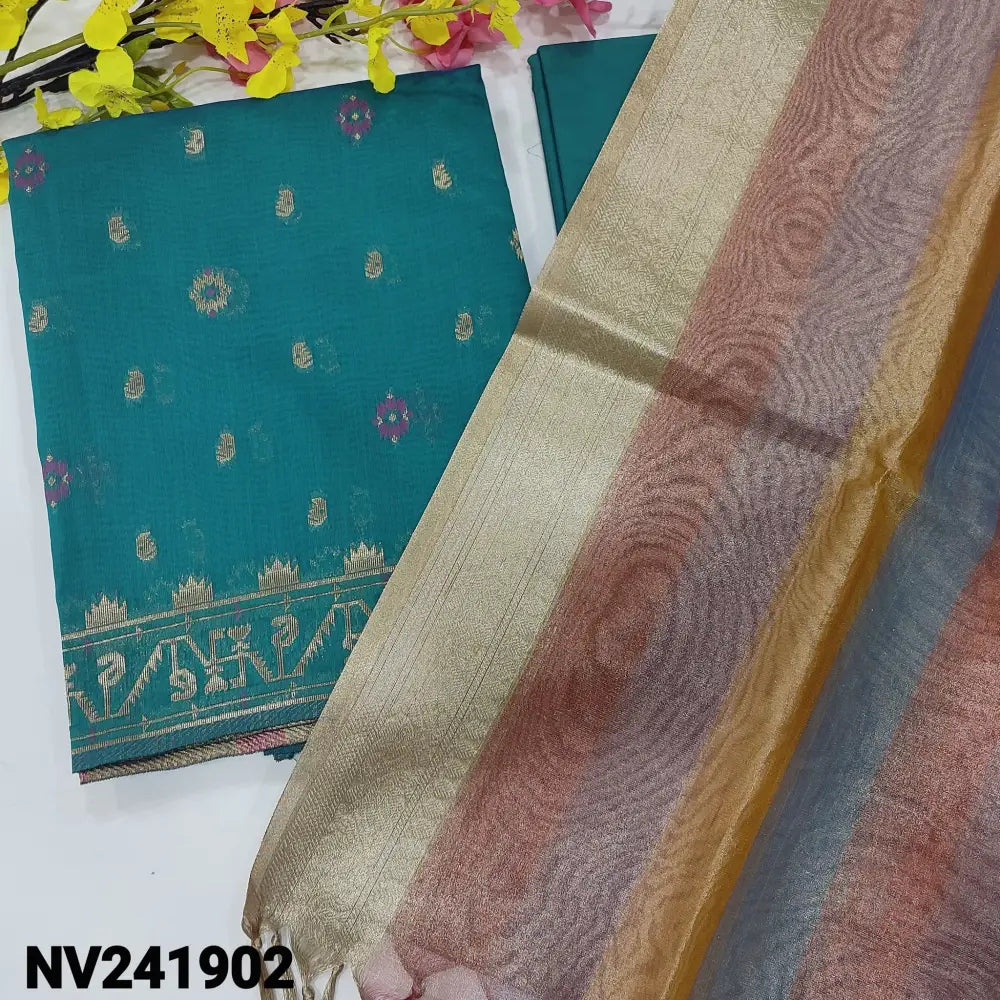 CODE NV241902: Dual shaded peacock blue silk cotton unstitched salwar material meenakari zari weaving all over(thin