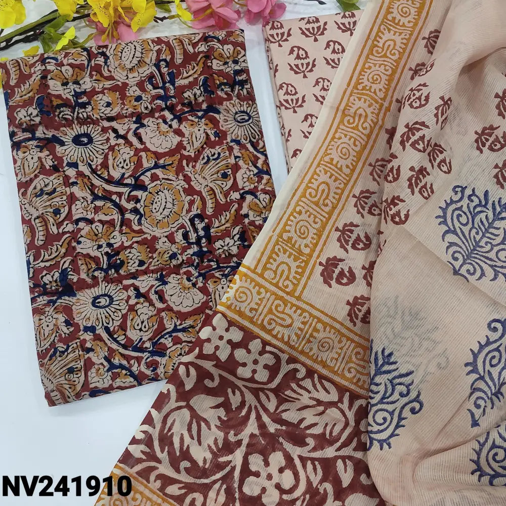 CODE NV241910: Reddish maroon base kalamkari hand block printed pure cotton unstitched salwar material(lining