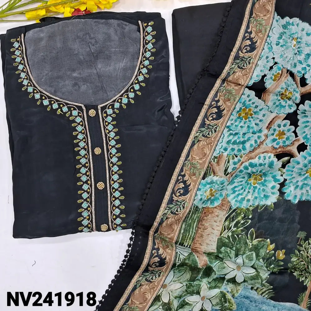 CODE NV241918: Elephant grey digital printed pure russian silk unstitched salwar material zari bead& fancy buttons