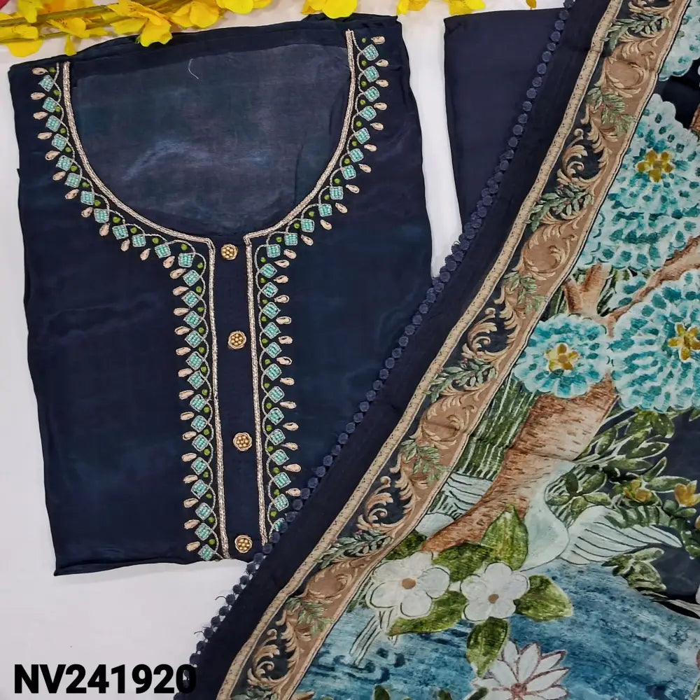 CODE NV241920: Dark blue digital printed pure russian silk unstitched salwar material zari bead& fancy buttons
