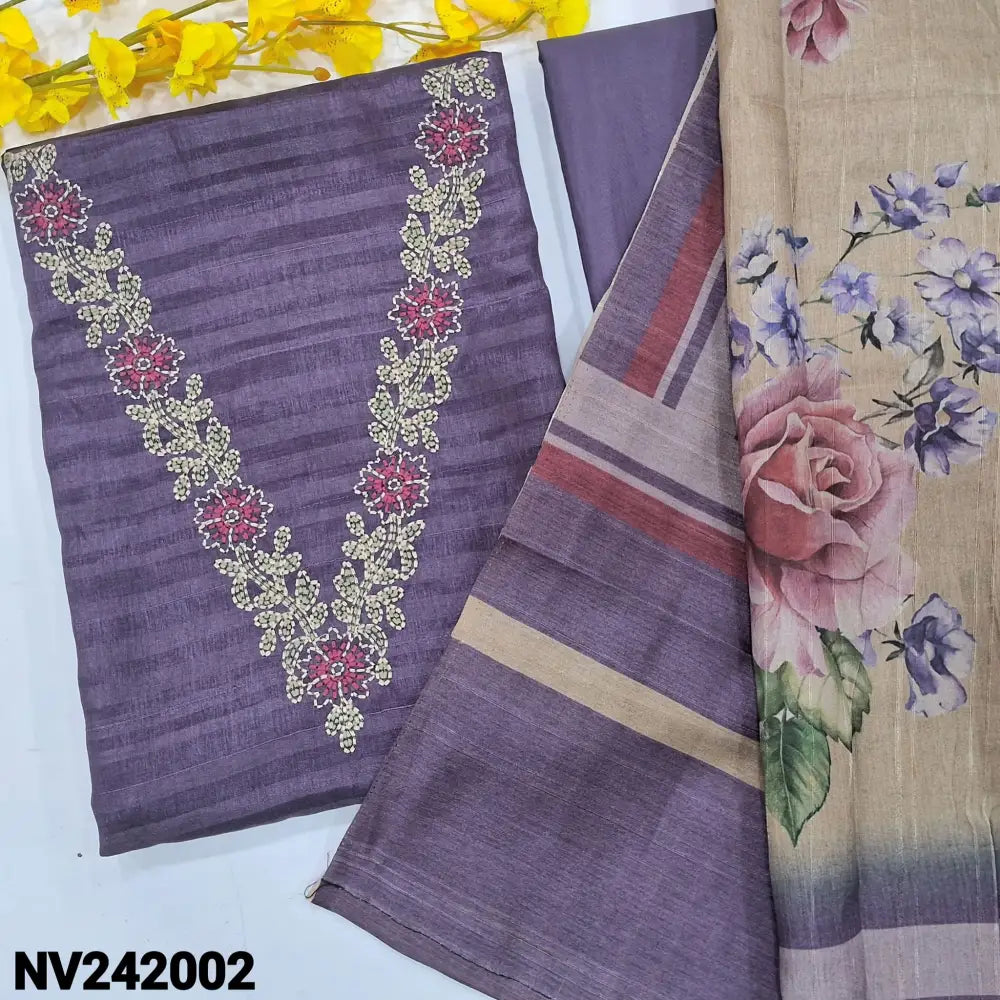 CODE NV242002: Purple fancy silk cotton unstitched salwar material v neck with embroidered(thin fabric lining