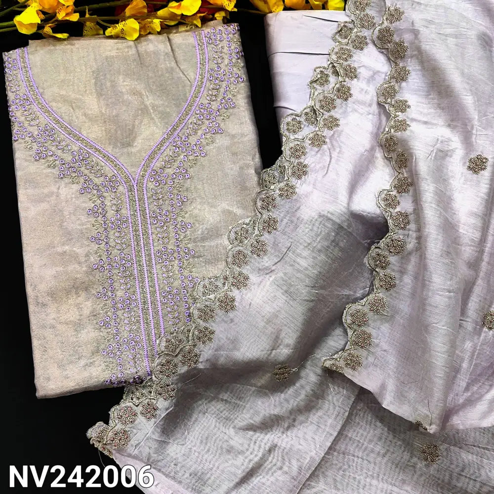 CODE NV242006: Lavender sobar printed fancy tissue silk cotton unstitched salwar material thread& zari work