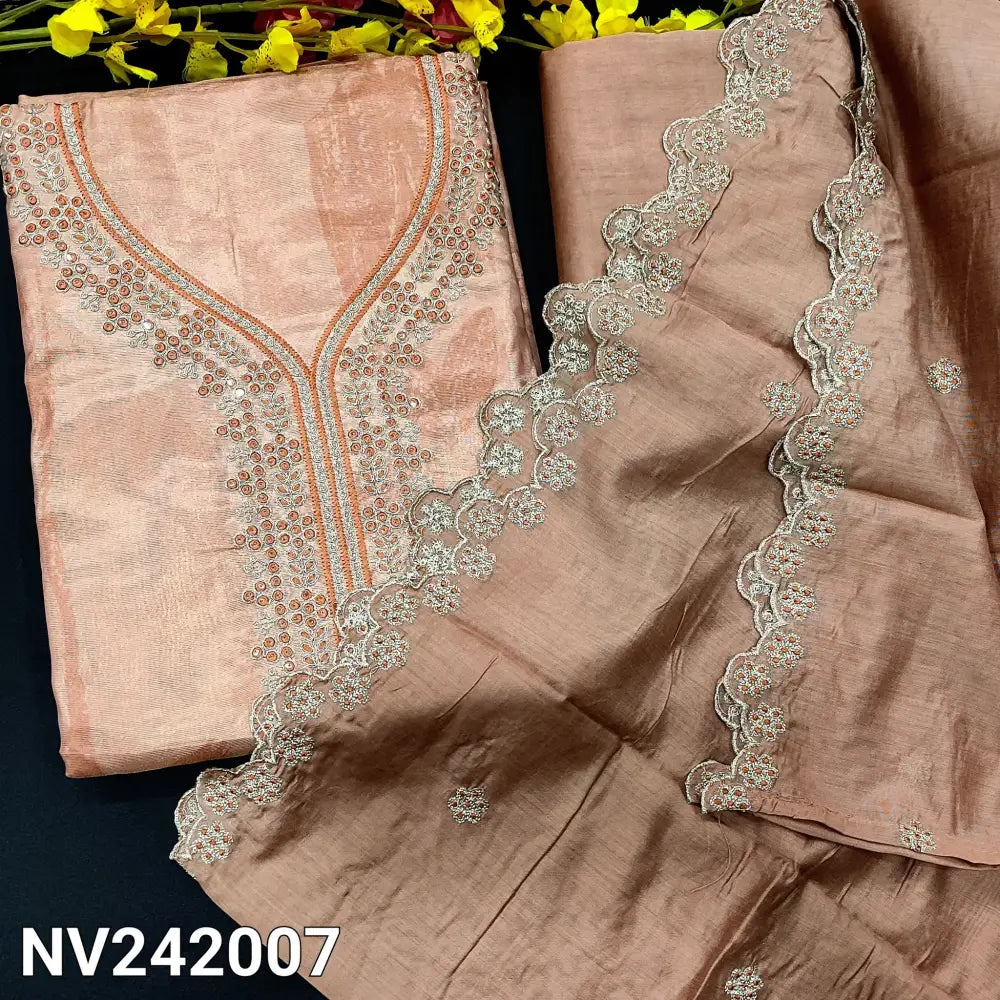 CODE NV242007: Pastel peach sobar printed fancy tissue silk cotton unstitched salwar material thread& zari work