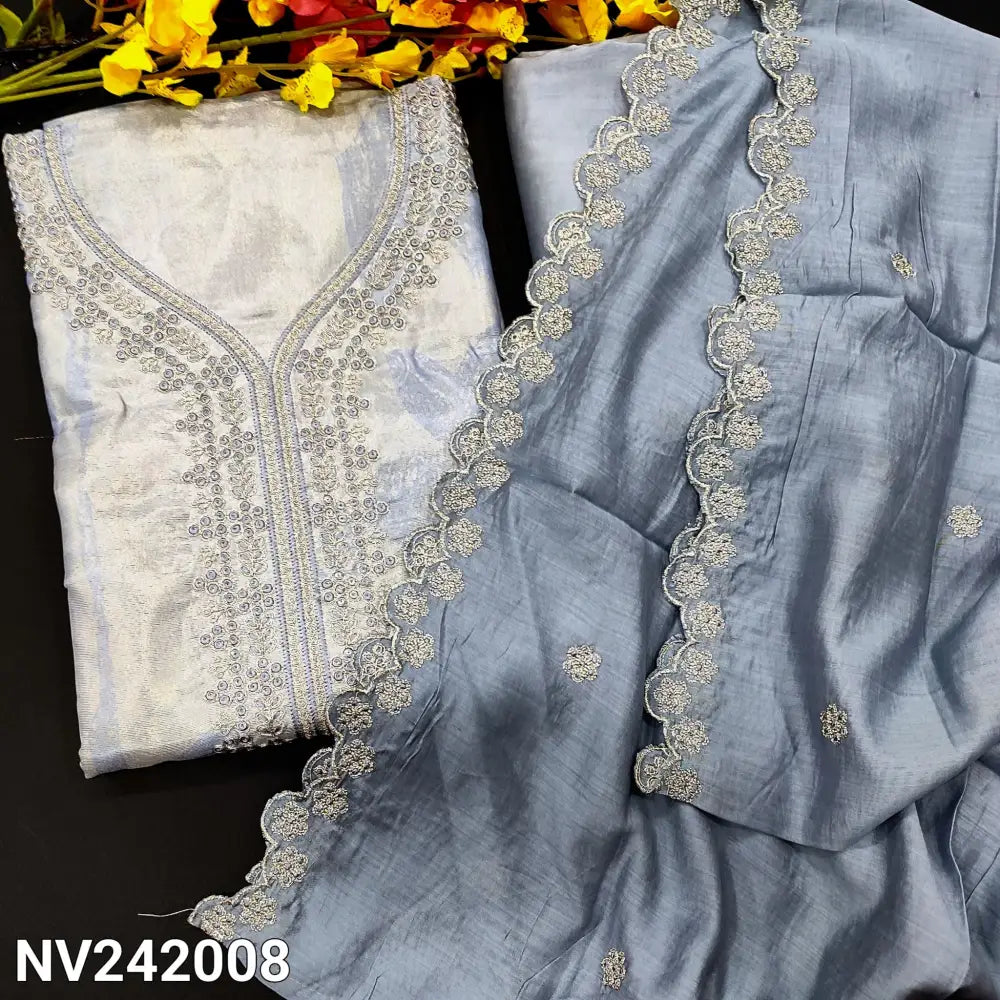 CODE NV242008: Bluish grey sobar printed fancy tissue silk cotton unstitched salwar material thread& zari work
