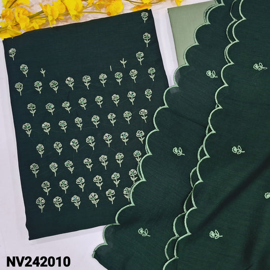 CODE NV242010: Bottle green vichithra silk cotton unstitched salwar material thread& bead work on yoke(thin fabric