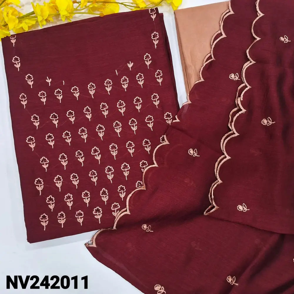 CODE NV242011: Maroon vichithra silk cotton unstitched salwar material thread& bead work on yoke(thin fabric lining