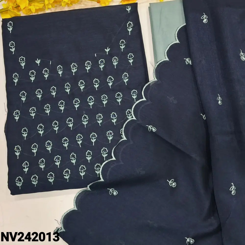 CODE NV242013: Dark blue vichithra silk cotton unstitched salwar material thread& bead work on yoke(thin fabric lining