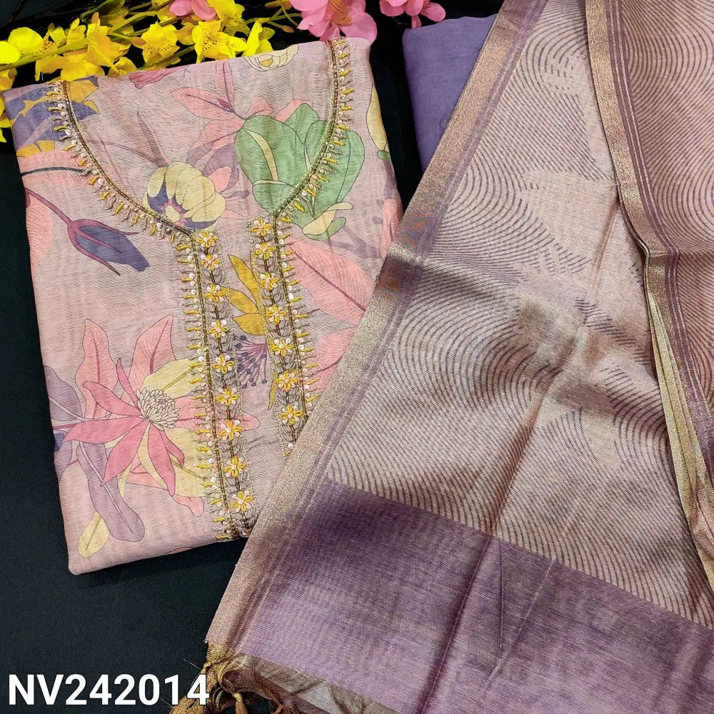 CODE NV242014: Lavender designer printed premium silk cotton unstitched salwar material thread bead& sequin work