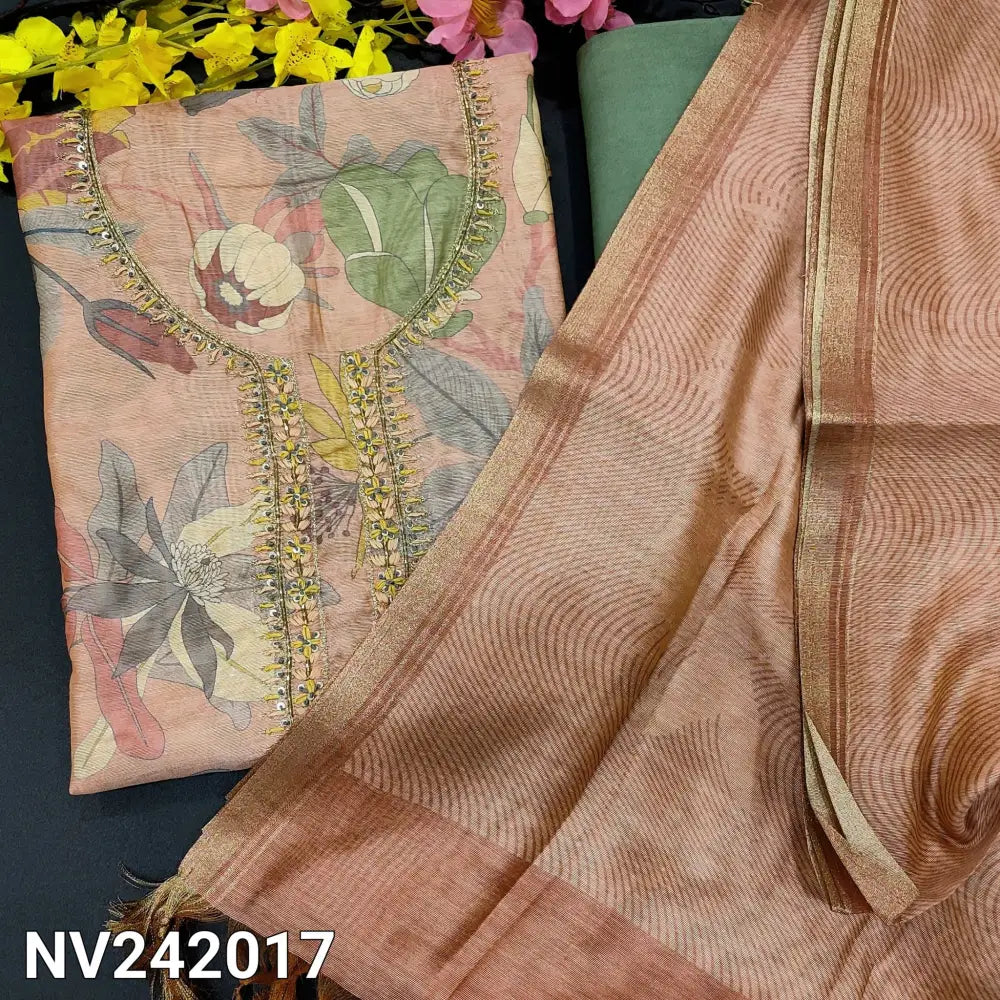 CODE NV242017: Pastel peach designer printed premium silk cotton unstitched salwar material thread bead& sequin work