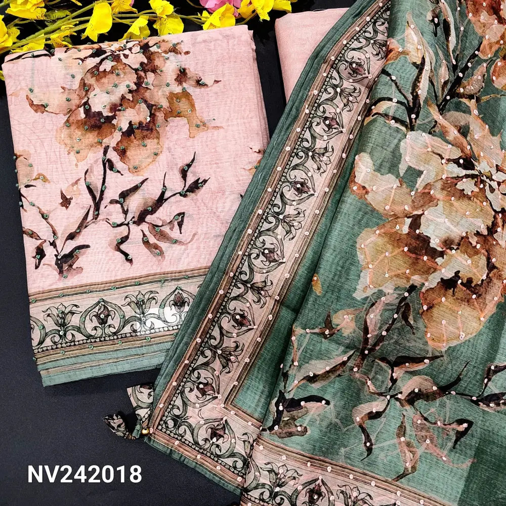 CODE NV242018: Pastel pink digital printed silk cotton unstitched salwar material thread &sequins work on yoke&