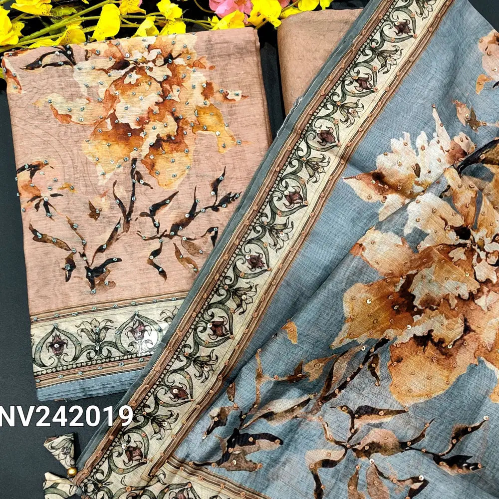 CODE NV242019: Greenish beige digital printed silk cotton unstitched salwar material thread &sequins work on yoke&