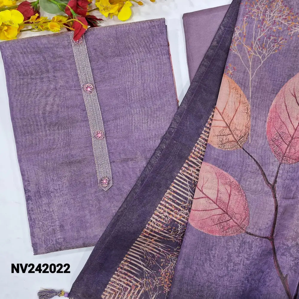 CODE NV242022: Lavender with golden tint printed tissue silk cotton unstitched salwar material fancy buttons