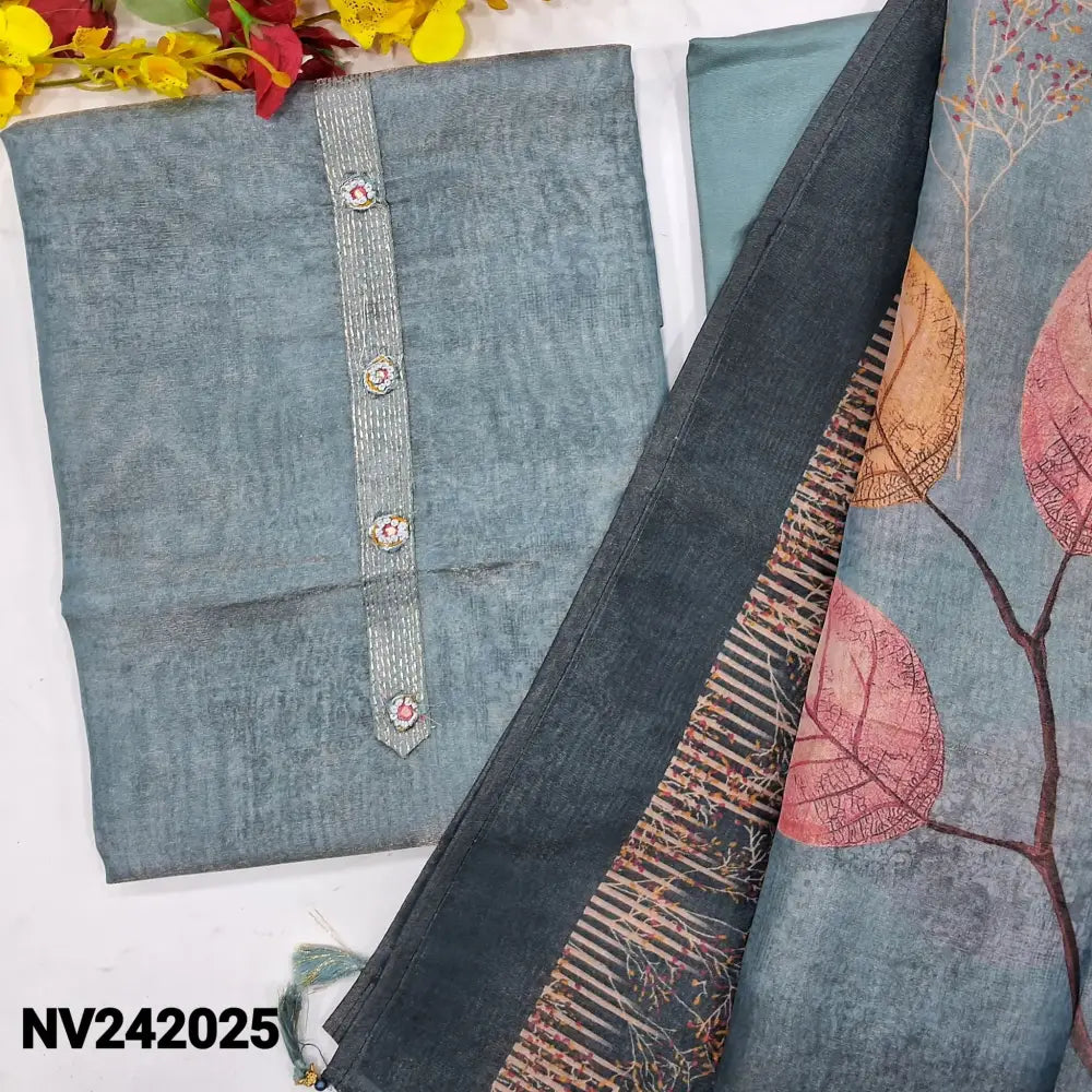 CODE NV242025: Bluish grey with golden tint printed tissue silk cotton unstitched salwar material fancy buttons