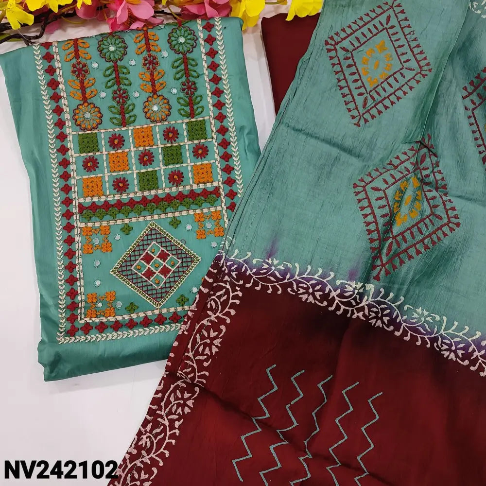 CODE NV242102: Pastel blue satin cotton unstitched salwar material heavy embroidered on yoke(lining optional)maroon