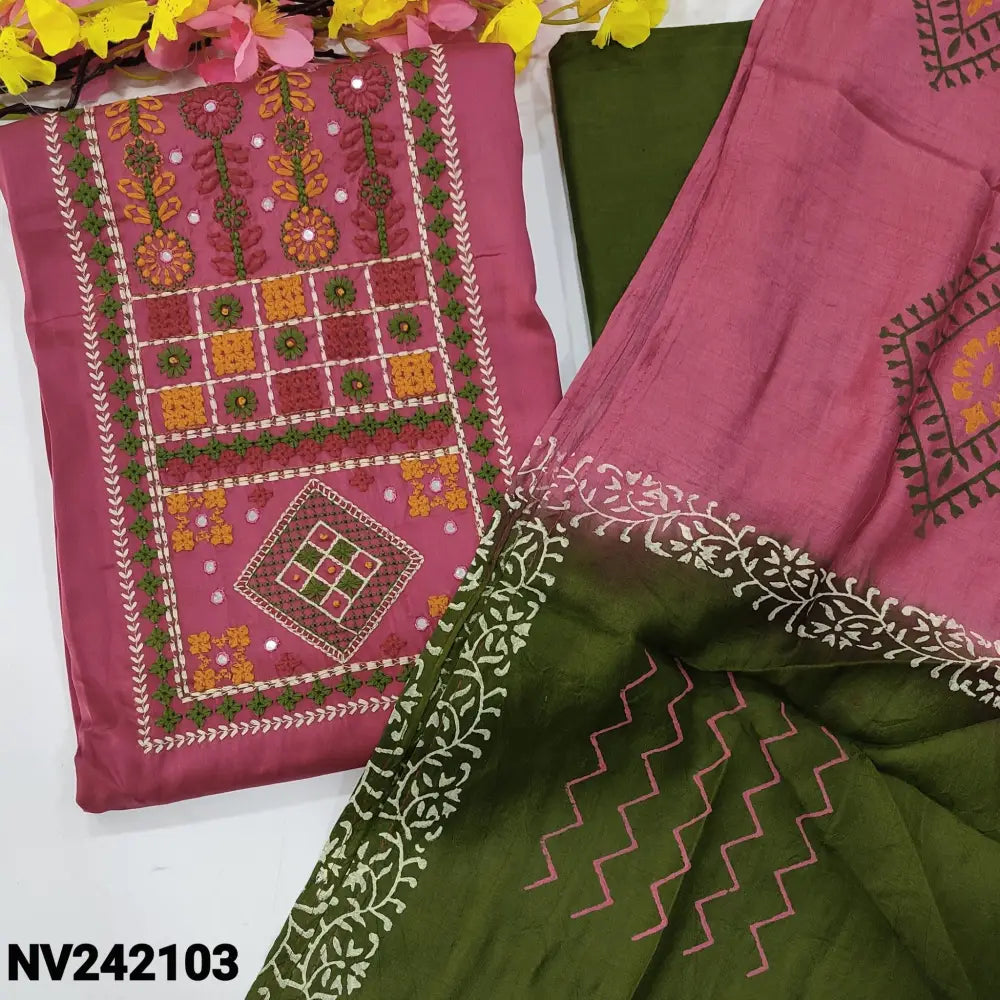 CODE NV242103: Pink satin cotton unstitched salwar material heavy embroidered on yoke(lining optional)mossy green pure