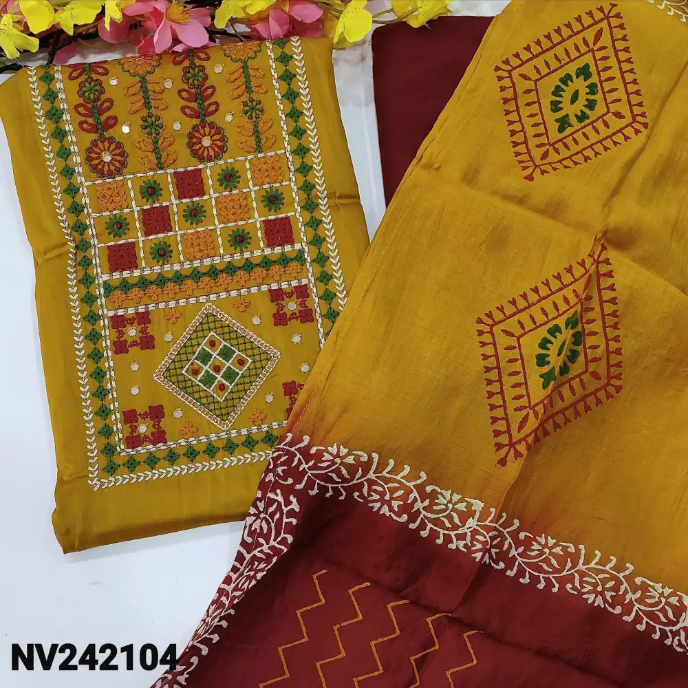 CODE NV242104: Mehandhi yellow satin cotton unstitched salwar material heavy embroidered on yoke(lining optional)maroon