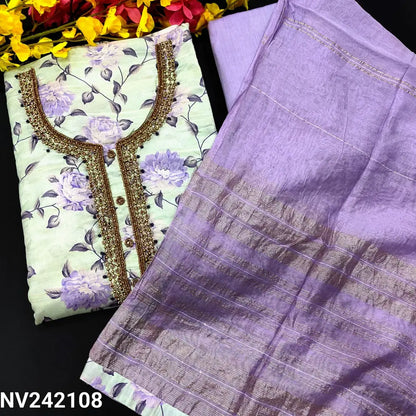 CODE NV242108: Pastel blue base floral printed semi gicha unstitched salwar material rich bead& stone work on yoke self