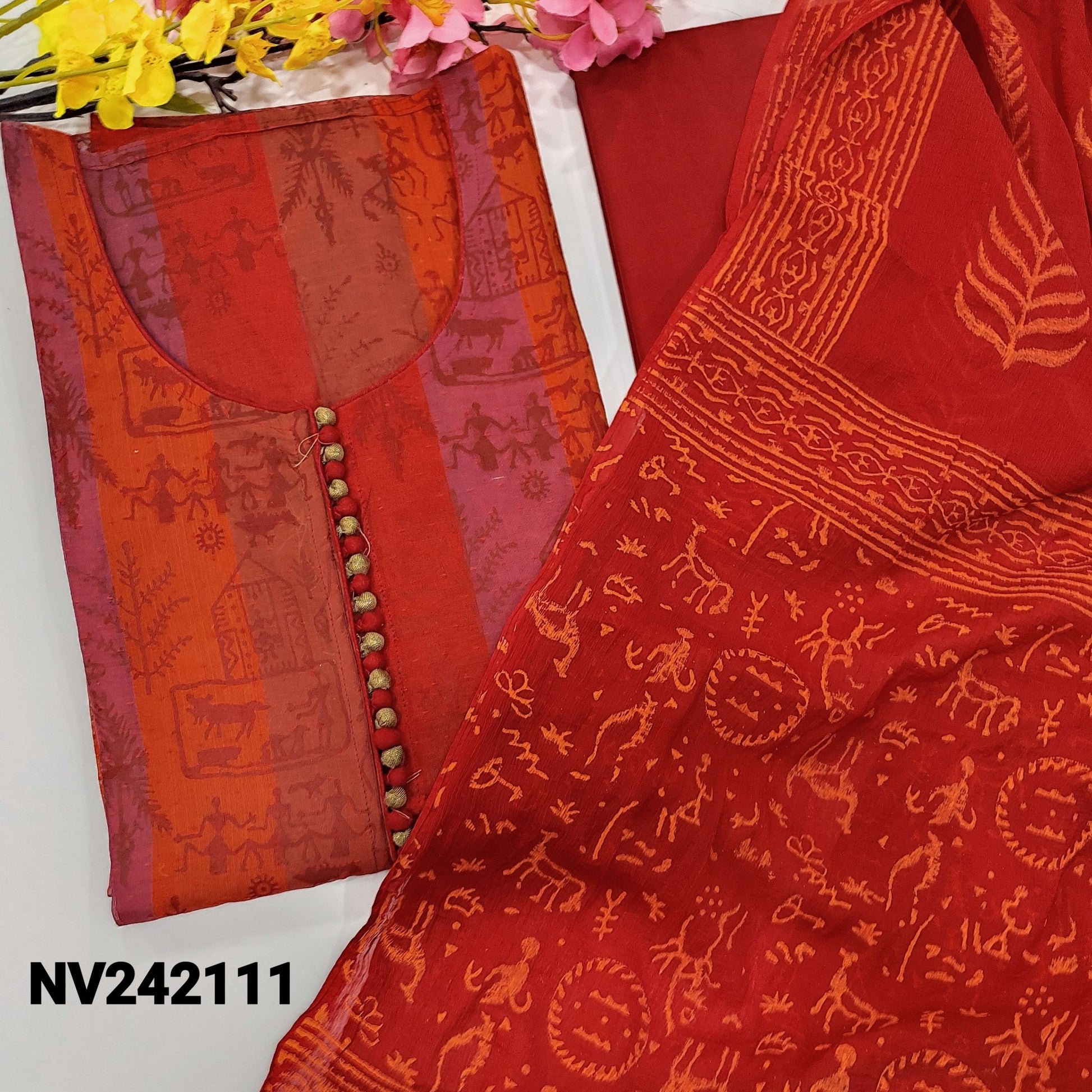 Neidhal multi color warli printed fancy silk cotton dress material nv242111