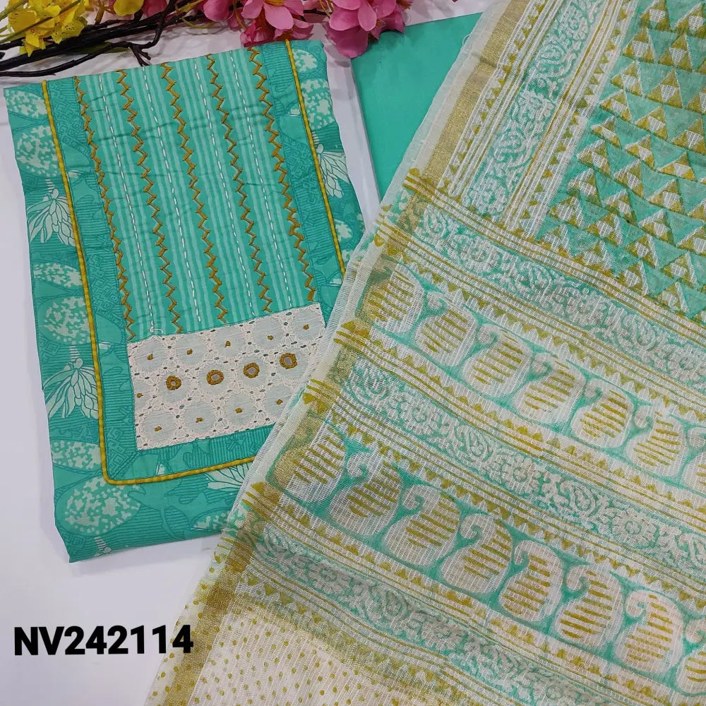 CODE NV242114: Turquoise green printed soft cotton unstitched salwar material thread& real mirror work on yoke(lining